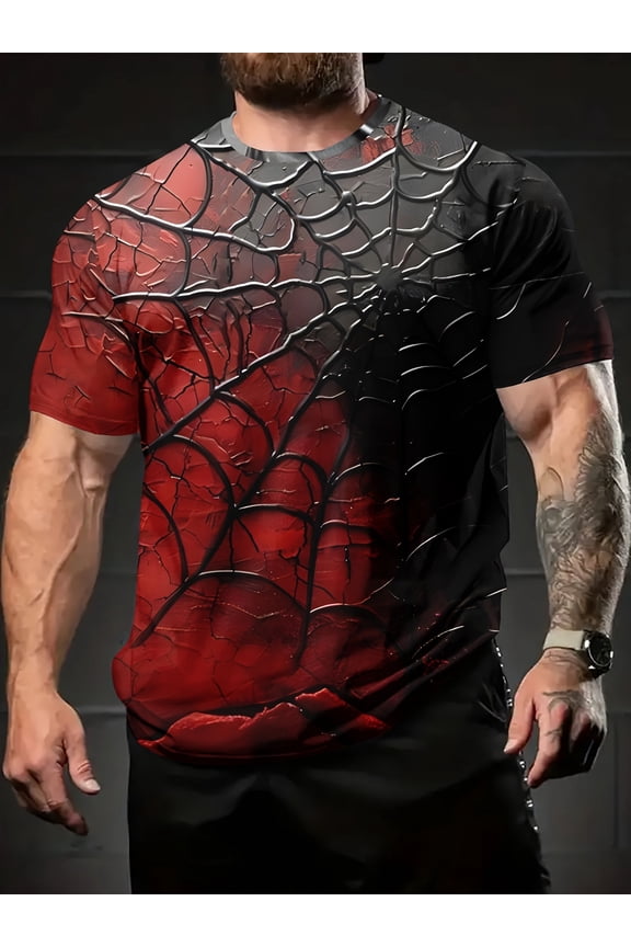 Men's 3D Pattern T-shirt-Casual Summer Short Sleeve Crew Neck T-shirt, Breathable Polyester Fiber, Machine Washable, Red and Black Spider Web Design, Suitable for Outdoor Activities