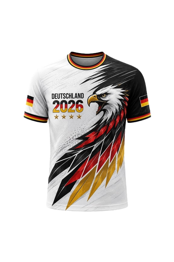 Men’s 3D Print German Eagle Football Jersey, Black Red Gold National Color Casual Short Sleeve Shirt for Sports Supporters