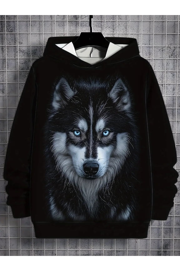 Men's 3D Printed Blue Eyed Wolf Hoodie with White Teeth and Blue Eyes, Machine Washable Regular Fit Long Sleeve Pullover, Autumn Clothing, Long Sleeve Garment