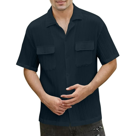 Mens Casual Shirts Short Sleeve Button Down Shirts Fashion Textured Summer Beach Shirt
