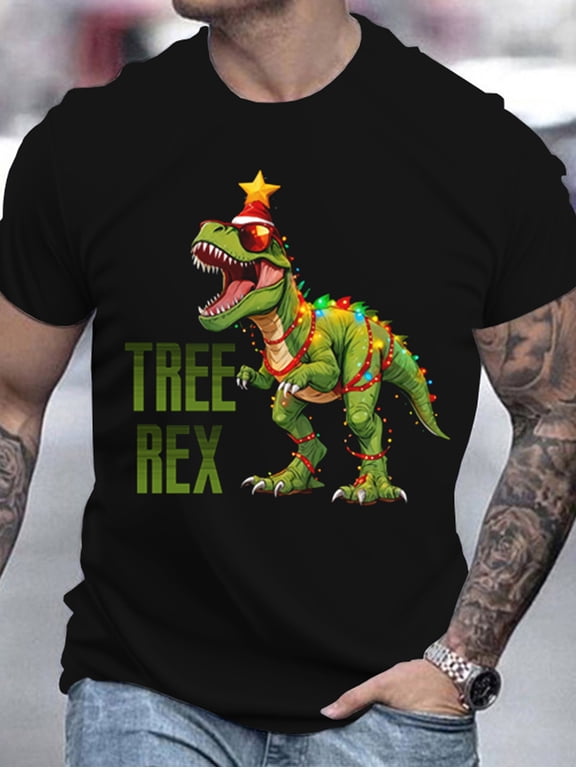Men’s 3D Printed Christmas Tree Rex Summer T-Shirt, Casual Round Neck Short Sleeve Outdoor Wear