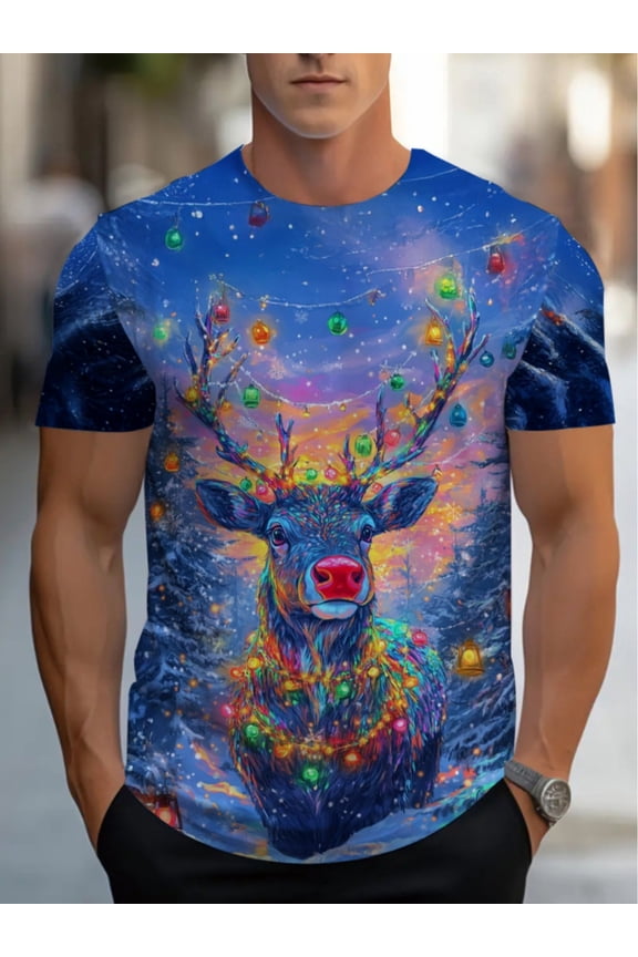 Men's 3D Printed Deer Pattern T-Shirt, Casual Wear, Durable Fabric, Blue, Lightweight and Comfortable, Essential for Restaurants and Living Rooms, Ideal Gift for Him