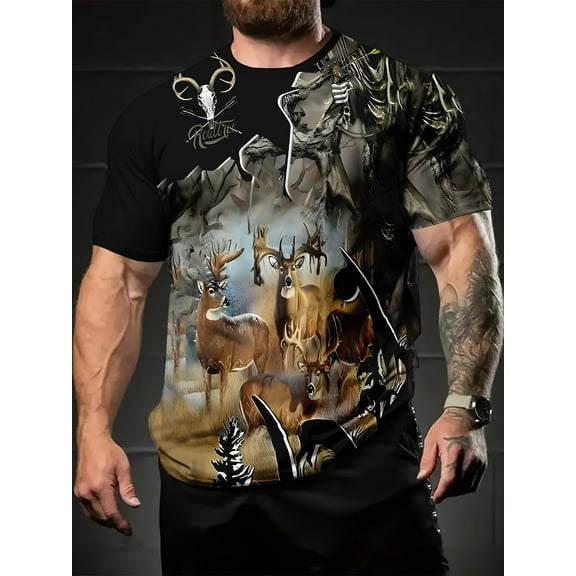 Men's 3D Printed Full Body Deer and Forest Animal Migration T-Shirt - Breathable Crew Neck Short Sleeve with Elk and Moose Suitable for Hunting and Wildlife Enthusiasts