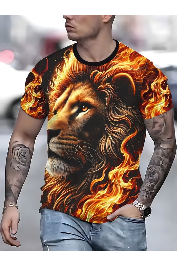 Men's 3D Printed Lion Flame Pattern T-Shirt - Breathable Cool Fabric, Machine Washable Round Neck Casual Short Sleeve Summer Outdoor Sports Social Gathering Style, Lion Theme T-Shirt