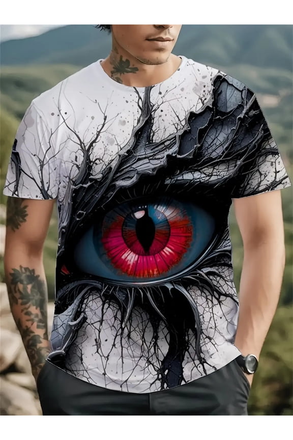 Men's 3D Printed T-Shirt with 3D Illusion Eye Design - Cracked Black and Red Gothic Greek Key Pattern, Casual Party Wear - Machine Washable, Plus Size