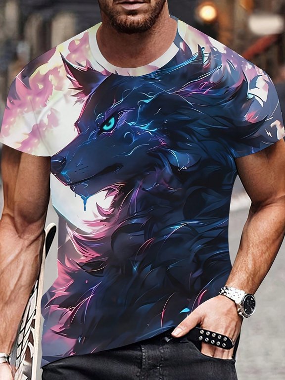 Men's 3D-Printed Wolf /Face T-Shirt - Short Sleeve Round Neck Casual Summer Tee Suitable For Daily Wear & Vacation Outfits - Comfortable Fit, Wolf-Themed Print, Machine Washable
