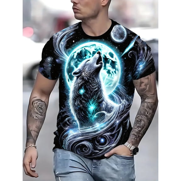 Men's 3D Printed Wolf Howling Moon Starry Sky Pattern T-Shirt - Breathable Summer Fabric, Casual Crew Neck Short Sleeve Top, Comfortable Shirt for Outdoor Activities, Space Theme Print
