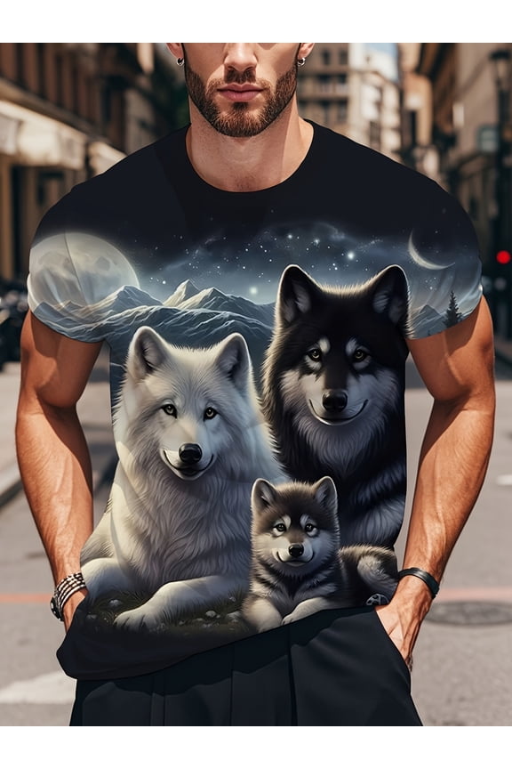 Men's 3D Printed Wolf Mountain Night Sky Pattern T-Shirt - Wolf, Star and Moon Art Full Body Print, Breathable Crew Neck Short Sleeve Summer Casual Top, Outdoor Activities and Holiday Gifts,