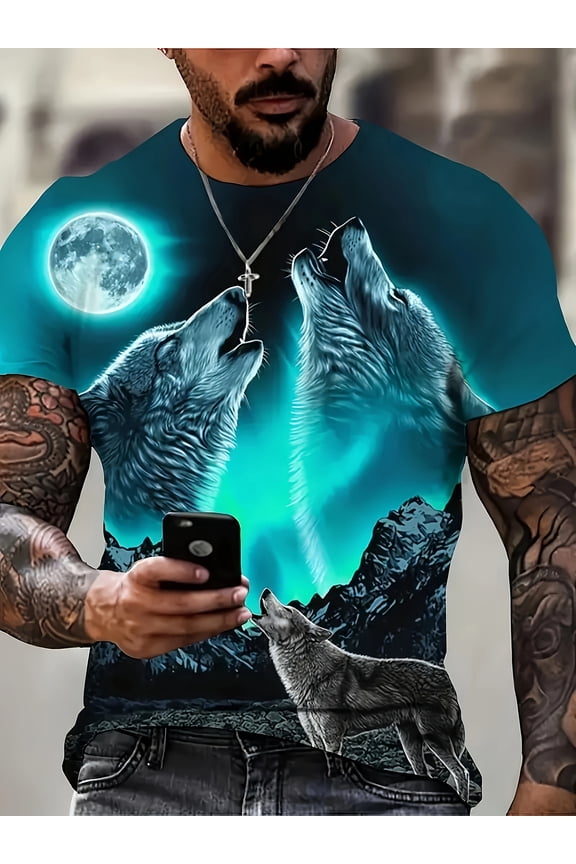 Men's 3D Printed Wolf Pack Mountain Night Scene T-Shirt - Vivid Howling Wolf and Full Moon Pattern, Casual Short Sleeve Crew Neck Top, Machine Washable Four Seasons Outdoor Daily Wear