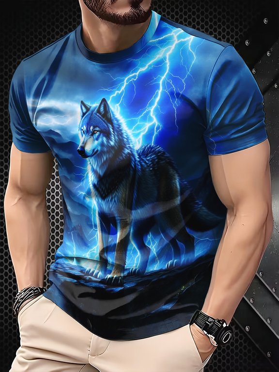 Men's 3D Printed Wolf T-Shirt Summer Outdoor Casual Animal Slight Stretch Crew Neck T-Shirt Short Sleeve Pattern Fashion Top