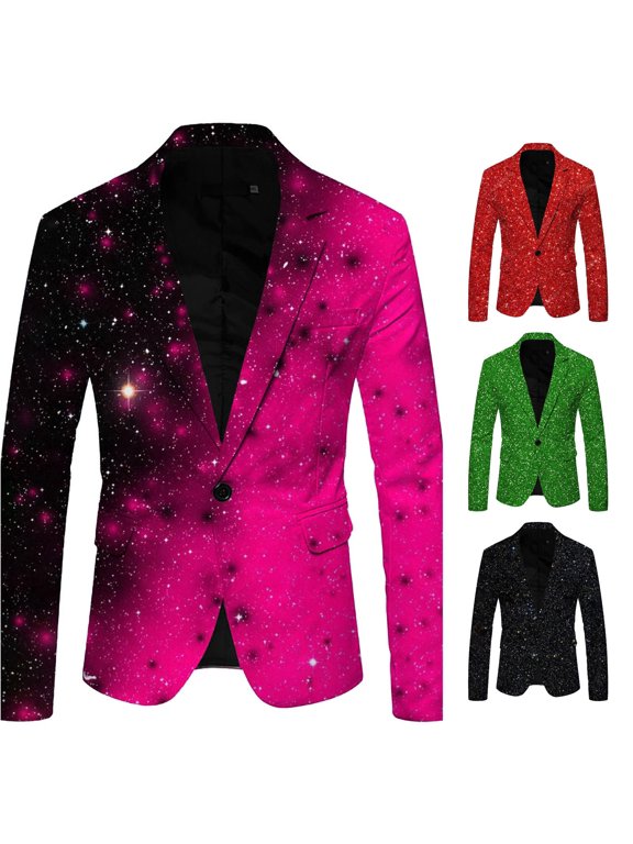 Men's 3D Sequin Suit Jacket Printed Pocket Lapel Button Up Party Blazer