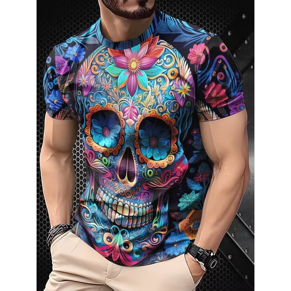Men's 3D Skull Pattern T-Shirt - Casual Comfort Fit, Short Sleeve Pullover, Summer Novel T-Shirt, Machine Washable, Summer Outdoor Clothing, Large