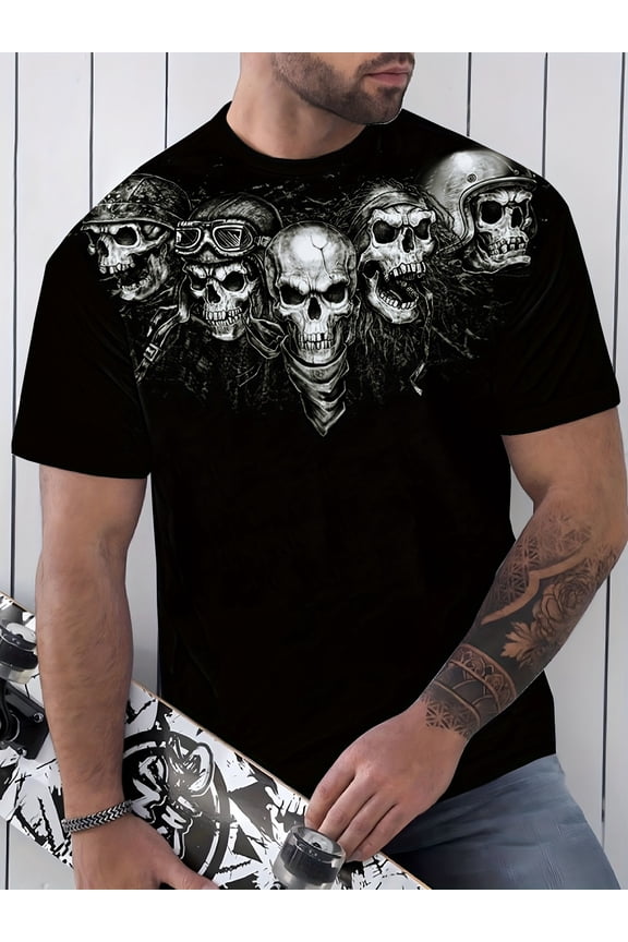 Men's 3D Skull Print T-Shirt - Edgy Street Casual Short Sleeve T-Shirt, Black Pattern Design with Multiple Skulls, Summer Comfortable Polyester Blend