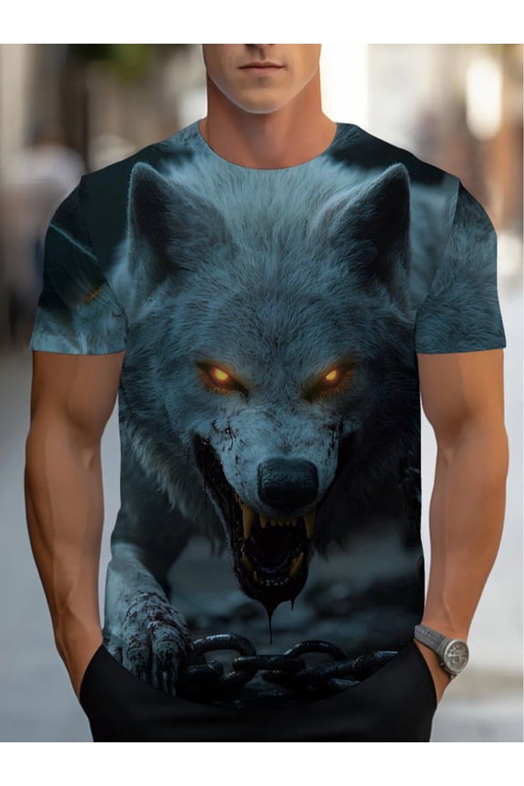 Men's 3D Stereoscopic Pattern Wolf Eye Glowing Chain Detail T-Shirt - Retro Style High-Quality Formal Wear, Essential for Animal Lovers and Fashionistas, Crew Neck T-Shirt