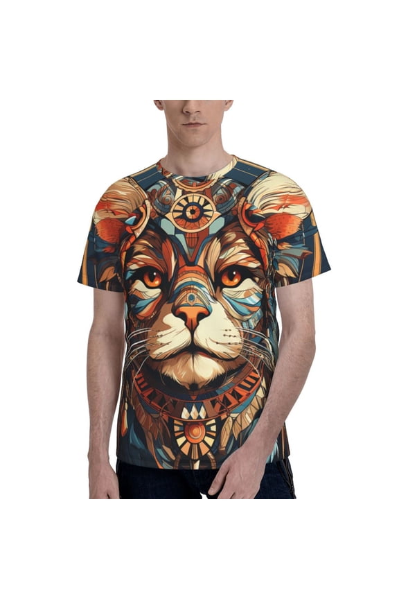 Men's 3D T-Shirt Casual Short Sleeve Funny Tee Tops, Native American Cat Indian