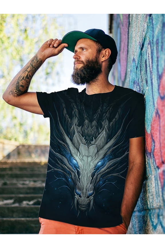 Men's 3D T-Shirt - Fashion Short Sleeve with Glowing Blue Eyes and Detailed Scale Design, Lightweight Polyester Blend Suitable for Casual Wear