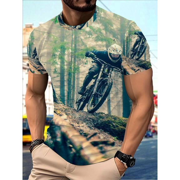 Men's 3D T-shirt, forest downhill mountain bike print, breathable short-sleeved T-shirt, suitable for outdoor sports enthusiasts, casual and comfortable top, suitable for daily wear, hiking