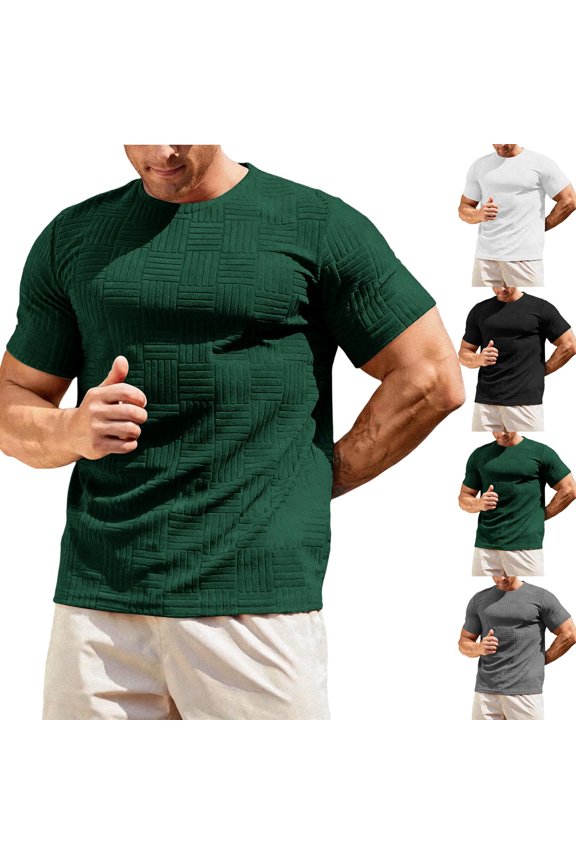 Men's 3D Textured T-Shirt, Geometric Grid Embossed Short Sleeve Casual Athletic Tee for Gym & Daily Wear Green
