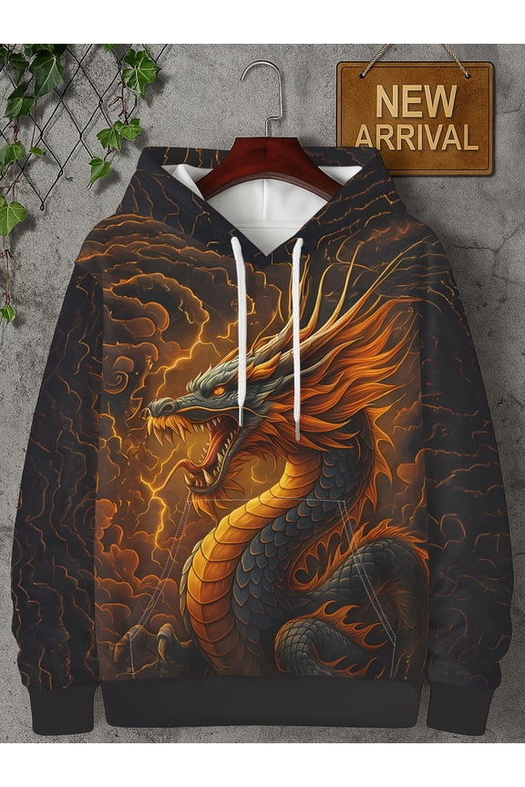 Men's 3D Thunder Dragon Long Sleeve Printed Hoodie, Dragon King Theme Design, with Pockets and Hat Rope, Suitable for Spring and Autumn Daily Street Casual Wear!