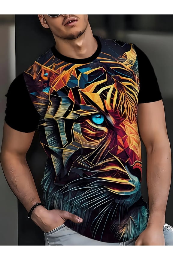 Men's 3D Tiger Face Print T-Shirt - Vibrant Blue, Orange, Black, Gold, and Brown Geometric Tiger Eye, Breathable Crew Neck Short Sleeve, Machine Washable Casual Summer and Everyday Wear