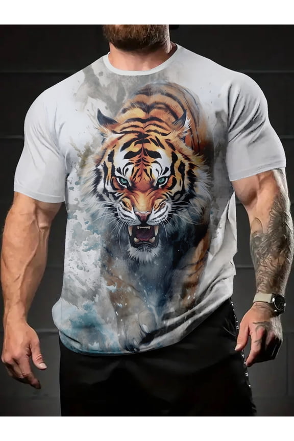Men's 3D Tiger Face T-Shirt - Full Body Tiger Print - - Short Sleeve Crew Neck Casual Summer and Year-Round Wear - Machine Washable Bold Animal Pattern T