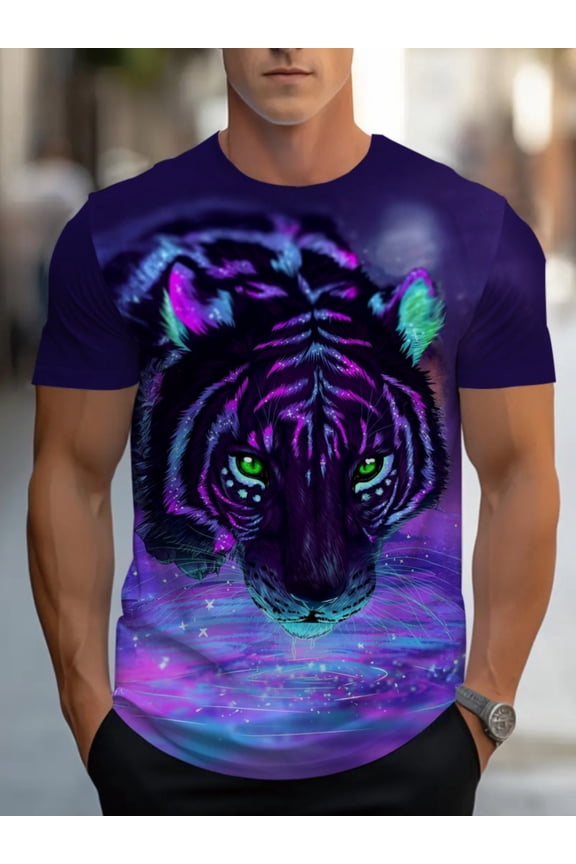Men's 3D Tiger Print T-Shirt - Vibrant Purple and Black, Suitable for Galaxy Design, Lightweight Breathable Fabric, Round Neck Short Sleeve T-Shirt