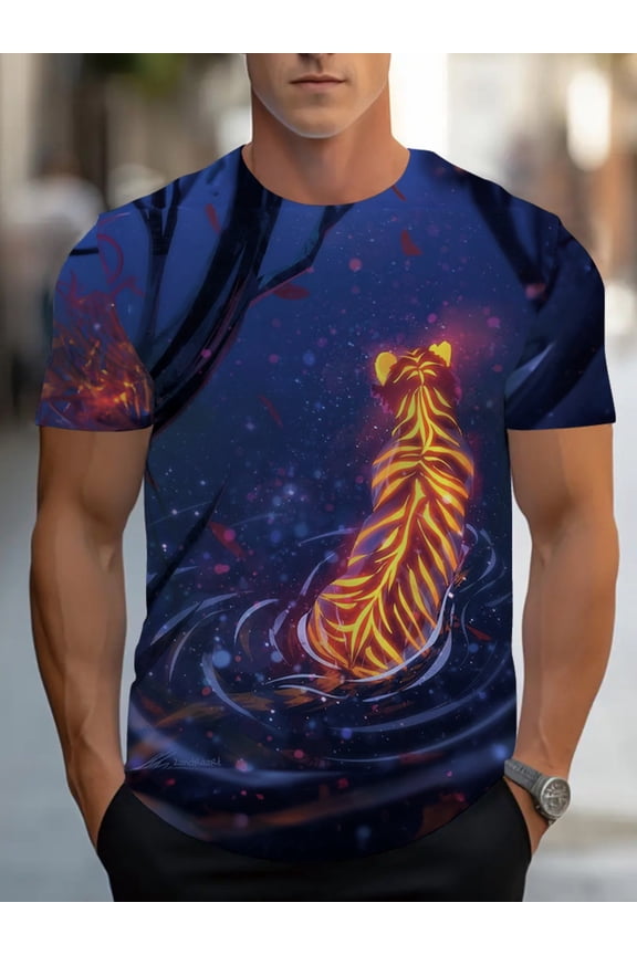 Men's 3D Tiger Printed Polyester T-Shirt - Navy Blue with Orange and Black Tiger Pattern, Lightweight and Durable Fabric, Full Body Pattern Design, Machine Washable, Comfortable Daily Style