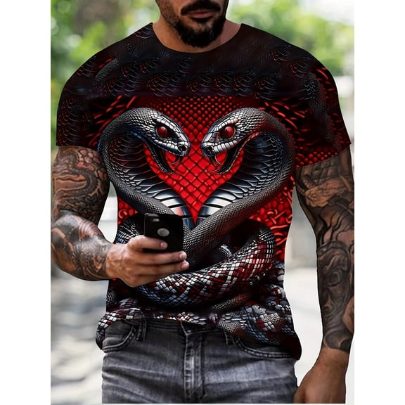 Men's 3D Two Snakes Print Pattern T-Shirt, Casual Fashion T-Shirt, Street Style Short Sleeve Round Neck Shirt, Casual Round Neck Short Sleeve Summer T-Shirt, Suitable for Daily Wear