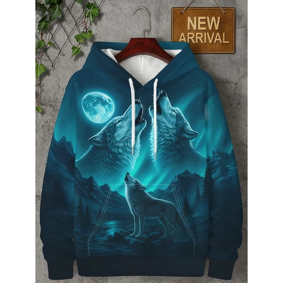 Men's 3D Wolf Howling Moon Sweatshirt | Night sky and mountain forest pattern | Long Sleeve Pullover, sweatshirts, Long Sleeve Sweatshirts, fashion Clothing