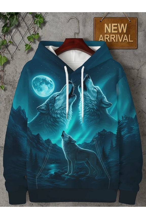 Men's 3D Wolf Howling Moon Sweatshirt | Night sky and mountain forest pattern | Long Sleeve Pullover, sweatshirts, Long Sleeve Sweatshirts, fashion Clothing