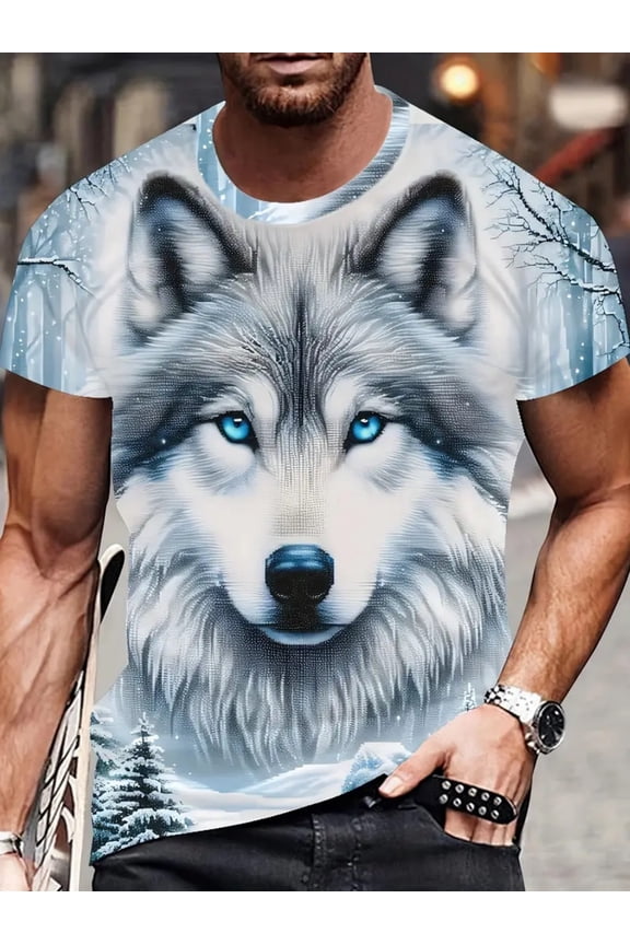 Men's 3D Wolf Pack Graphic T-Shirt - Casual Short Sleeve Crew Neck T-Shirt, Breathable Polyester, Machine Washable - Perfect For Summer