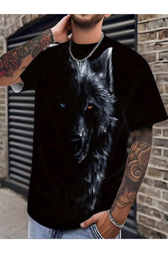 Men's 3D Wolf Pattern T-Shirt - Black Casual Short Sleeve Round Neck Top, Realistic Animal Design, Machine Washable Trendy Street Style Detail Print