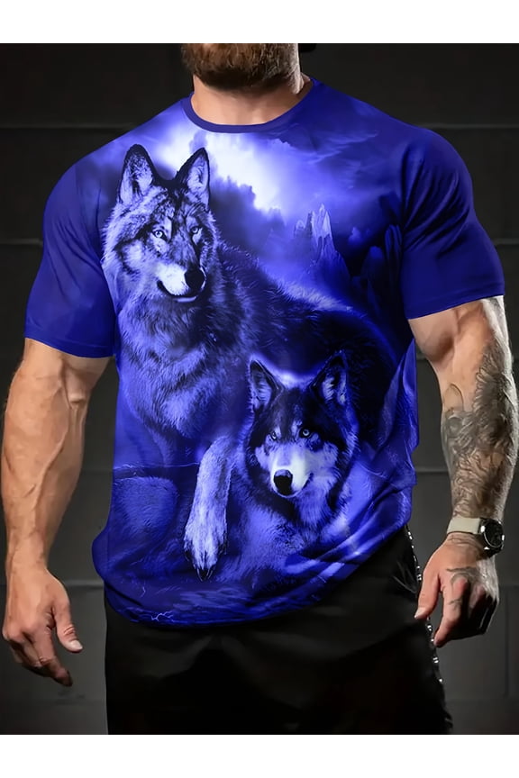 Men's 3D Wolf Pattern T-Shirt, Casual Crew Neck Short Sleeve Top, Polyester Knit Fabric, Slightly Elastic, Regular Fit, Summer Outdoor Casual Sports T-Shirt, Sportswear