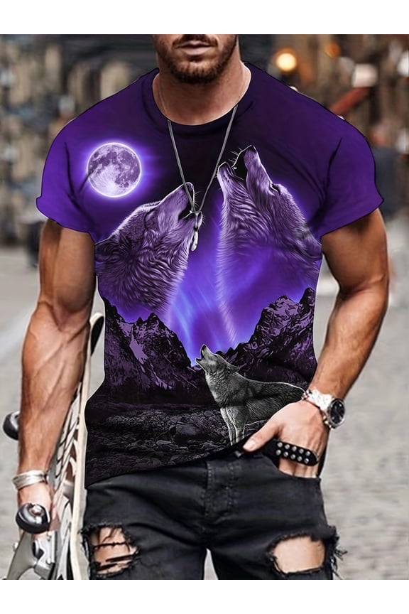Men's 3D Wolf Pattern T-Shirt - Creative Purple and Black, Elastic Polyester Blend, Crew Neck, Short Sleeve, Casual Streetwear, Machine Washable