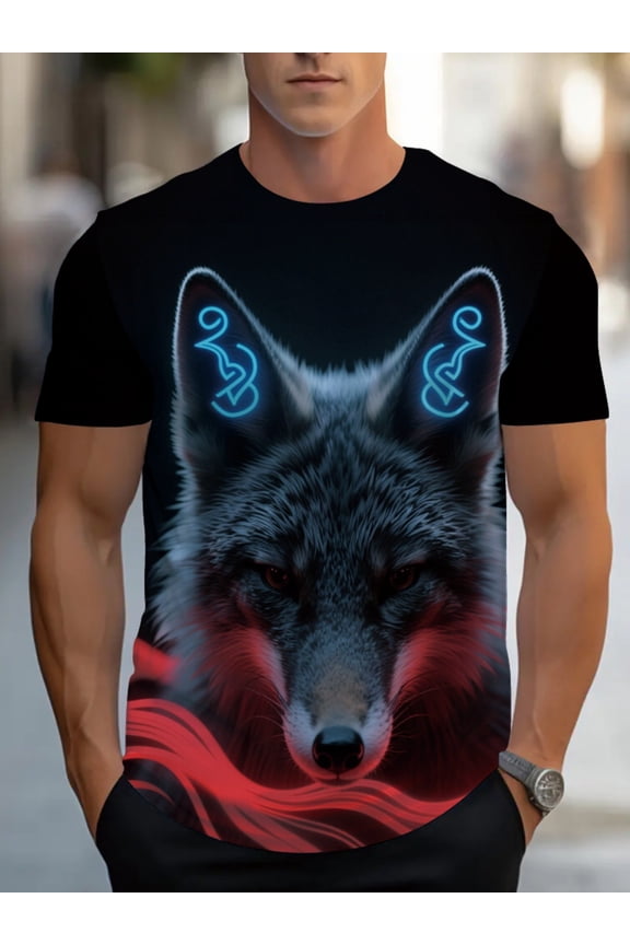 Men's 3D Wolf Pattern T-Shirt - Neon Blue & Red Wolf Head Print, Lightweight Polyester Fabric, Comfortable Crew Neck Casual Restaurant Wear, Machine Washable Bold Declaration Daily Wear