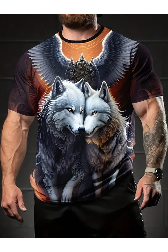 Men's 3D Wolf Print Sports T-Shirt - Fashion Short Sleeve Crew Neck, Vibrant White Wolf, Exquisite Design, Polyester Blend, Suitable for Summer Casual Wear | Smooth fabric