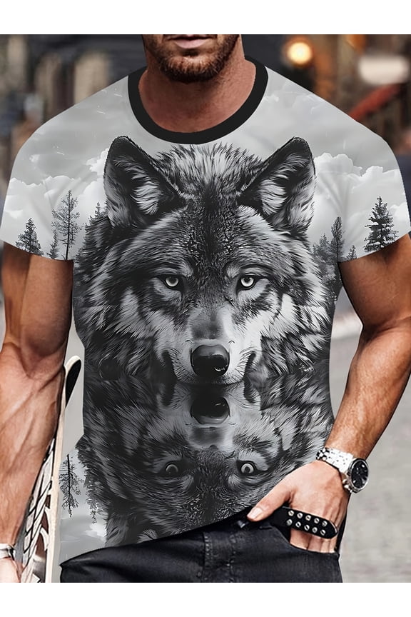 Men's 3D Wolf Print T-Shirt - Casual Round Neck Short Sleeve, Breathable Polyester - Perfect for Summer and Spring Sports, Ideal Gift Choice