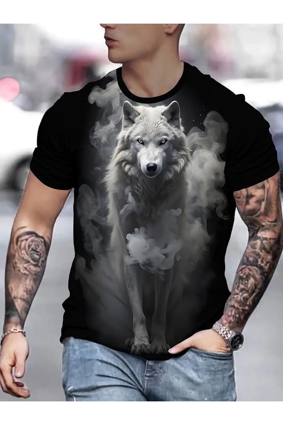 Men's 3D Wolf Print T-Shirt - Fashionable Black Crew Neck T-Shirt, Casual Short Sleeve, Machine Washable Polyester Blend, Everyday T-Shirt