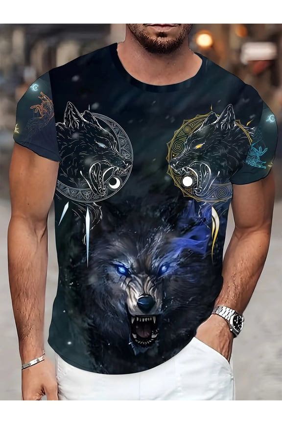 Men's 3D Wolf Print T-Shirt - Full Body Wolf and Norse Viking Design, Blue and White Wolf Howling at the Moon with Rune Art, Machine Washable Casual Crew Neck Short Sleeve