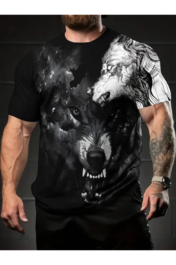 Men's 3D Wolf Print T-Shirt - Short Sleeve, Crew Neck, Lightweight Comfortable Casual Summer Top with Bold Wolf Pattern, Soft Polyester Fabric