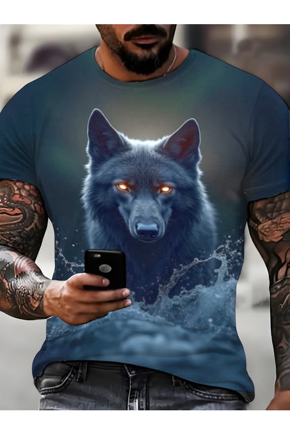 Men's 3D Wolf Print T-Shirt, Slightly Stretchy, Comfortable for All Seasons, Casual Street Style Round Neck Short Sleeve T-Shirt - Realistic Wolf Pattern Animal Print Top