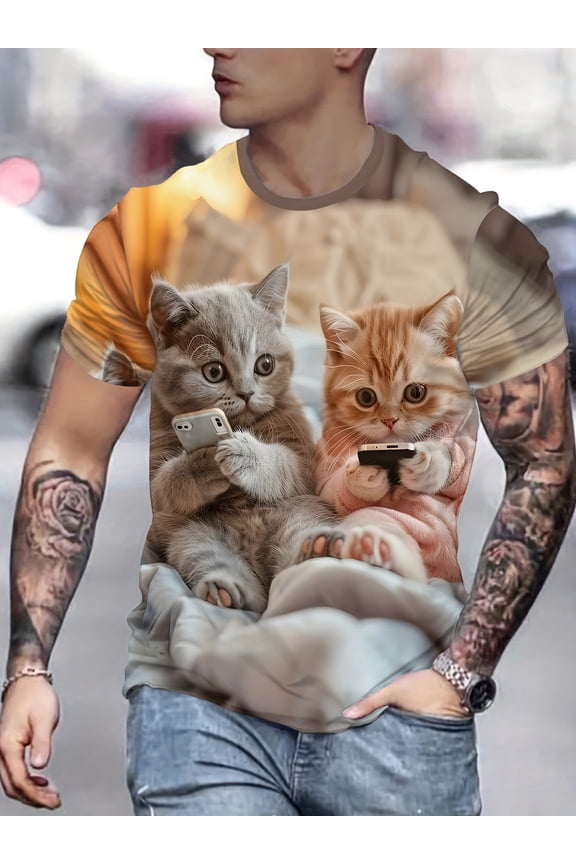Men's 3D cat printed short-sleeved T-shirt for playing mobile phones, men's full body printed T-shirt, enlarged top, soft polyester comfortable fabric, unisex printed short-sleeved shirt