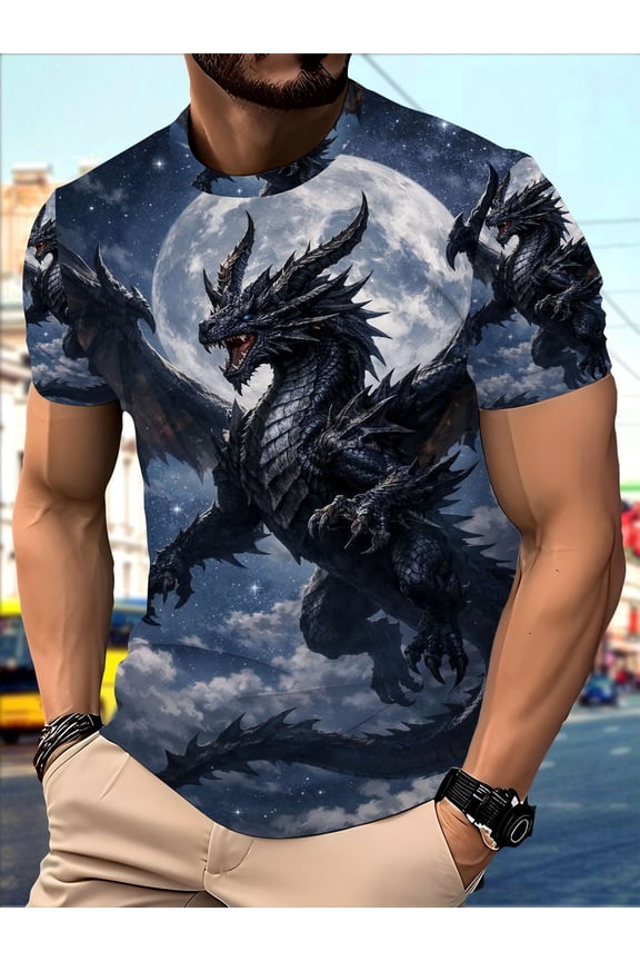 Men's 3D digital print men's polyester T-shirt with fierce dark dragon print, roaring dragon and full moon starry night sky design, breathable and lightweight short-sleeved T-shirt,