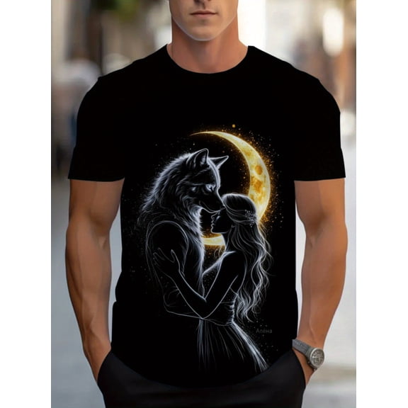 Men's 3D full-print wolf and full moon T-shirt, short-sleeved crew neck casual summer and year-round wear, machine-washed fantasy wolf lover gift, suitable for themed activities and daily wear