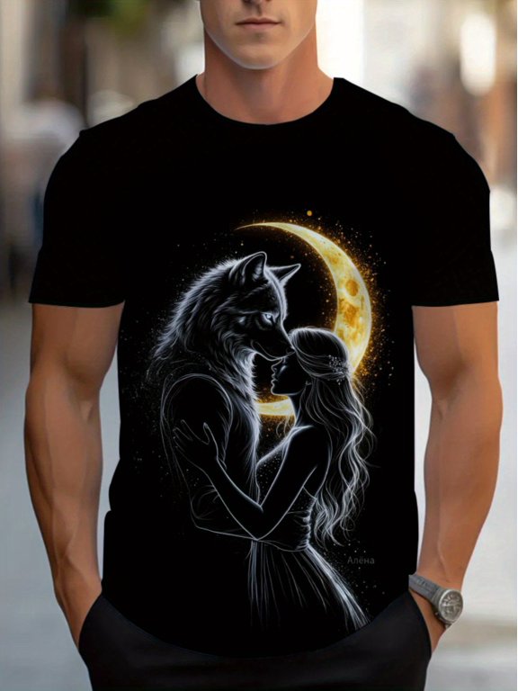 Men's 3D full-print wolf and full moon T-shirt, short-sleeved crew neck casual summer and year-round wear, machine-washed fantasy wolf lover gift, suitable for themed activities and daily wear