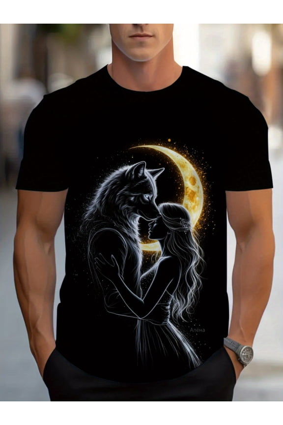Men's 3D full-print wolf and full moon T-shirt, short-sleeved crew neck casual summer and year-round wear, machine-washed fantasy wolf lover gift, suitable for themed activities and daily wear