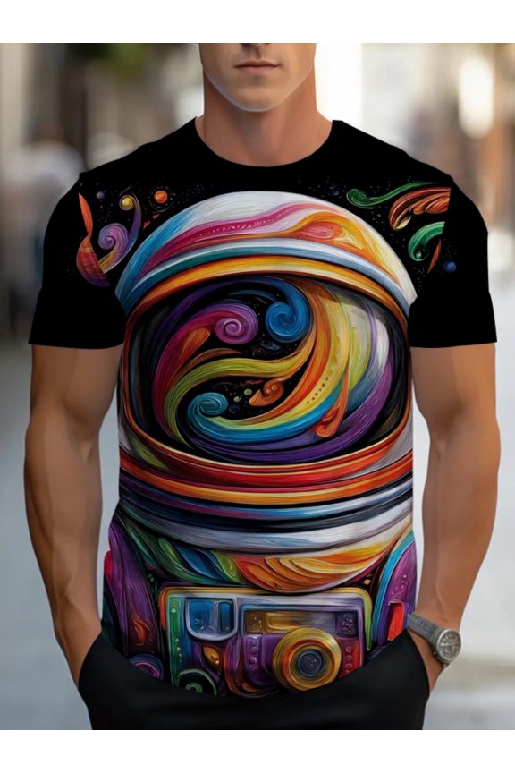 Men's 3D printed T-shirt, the first choice for daily wear, light and durable, suitable for eating out or at home, comfortable design, brightly colored camera pattern printed on the front