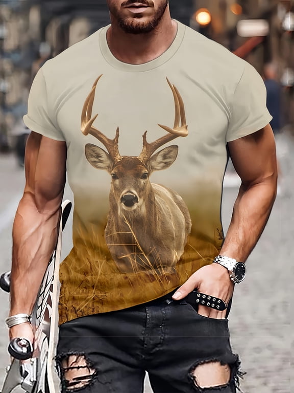 Men's 3D printed deer head pattern T-shirt - gradual change color crew neck casual top, machine washable animal print, durable fabric, weekend wear, modern design, soft material
