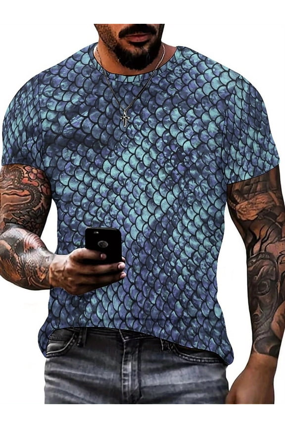 Men's 3D printed fish scale short-sleeved T-shirt dark business casual breathable fabric street trend elements carnival activities daily wear three-dimensional printing