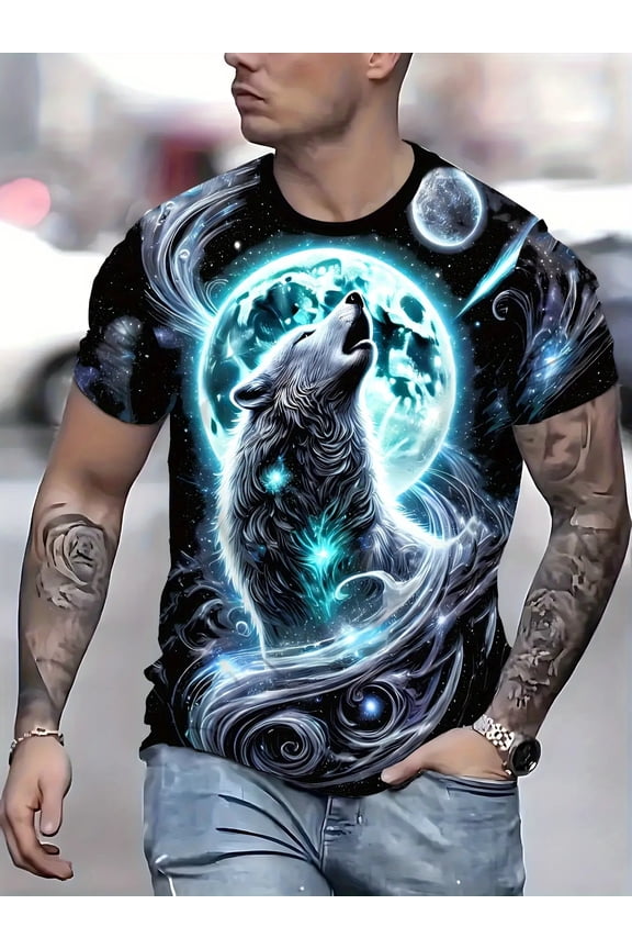 Men's 3D printed wolf howl moon night starry sky T-shirt - transparent summer cool space master's short-sleeved shirt, realistic night sky case, suitable for daily wear